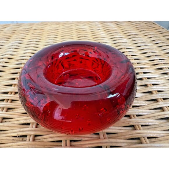 Vintage MCM Red Art Glass Votive Candle Holder Bullicante Bubbles - Picture 9 of 11